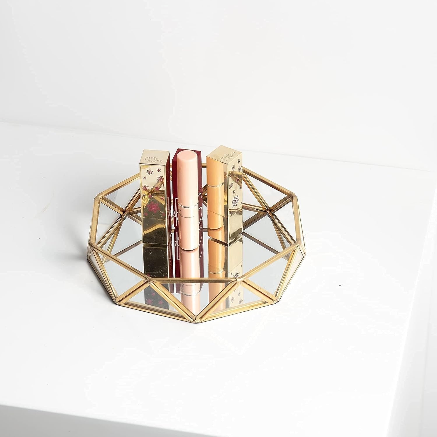 Small Gold Glass Perfume Tray Jewelry Trinket Organizer Tray Ornate Vanity Cosmetic Makeup Display Decorative Tray for Home Decor Dresser Tabletop Countertop (7Inch)