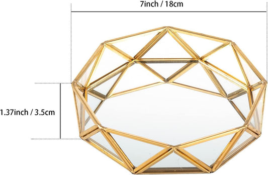 Small Gold Glass Perfume Tray Jewelry Trinket Organizer Tray Ornate Vanity Cosmetic Makeup Display Decorative Tray for Home Decor Dresser Tabletop Countertop (7Inch)