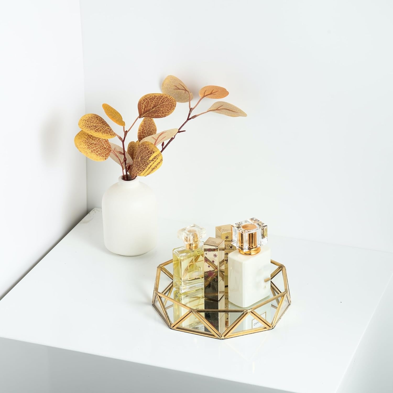Small Gold Glass Perfume Tray Jewelry Trinket Organizer Tray Ornate Vanity Cosmetic Makeup Display Decorative Tray for Home Decor Dresser Tabletop Countertop (7Inch)