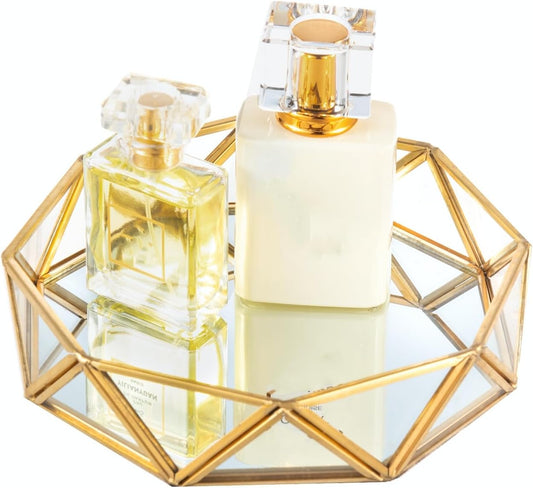 Small Gold Glass Perfume Tray Jewelry Trinket Organizer Tray Ornate Vanity Cosmetic Makeup Display Decorative Tray for Home Decor Dresser Tabletop Countertop (7Inch)