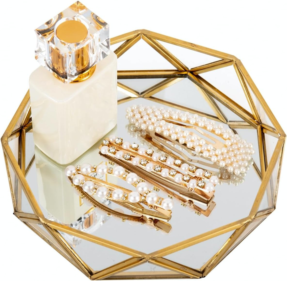 Small Gold Glass Perfume Tray Jewelry Trinket Organizer Tray Ornate Vanity Cosmetic Makeup Display Decorative Tray for Home Decor Dresser Tabletop Countertop (7Inch)