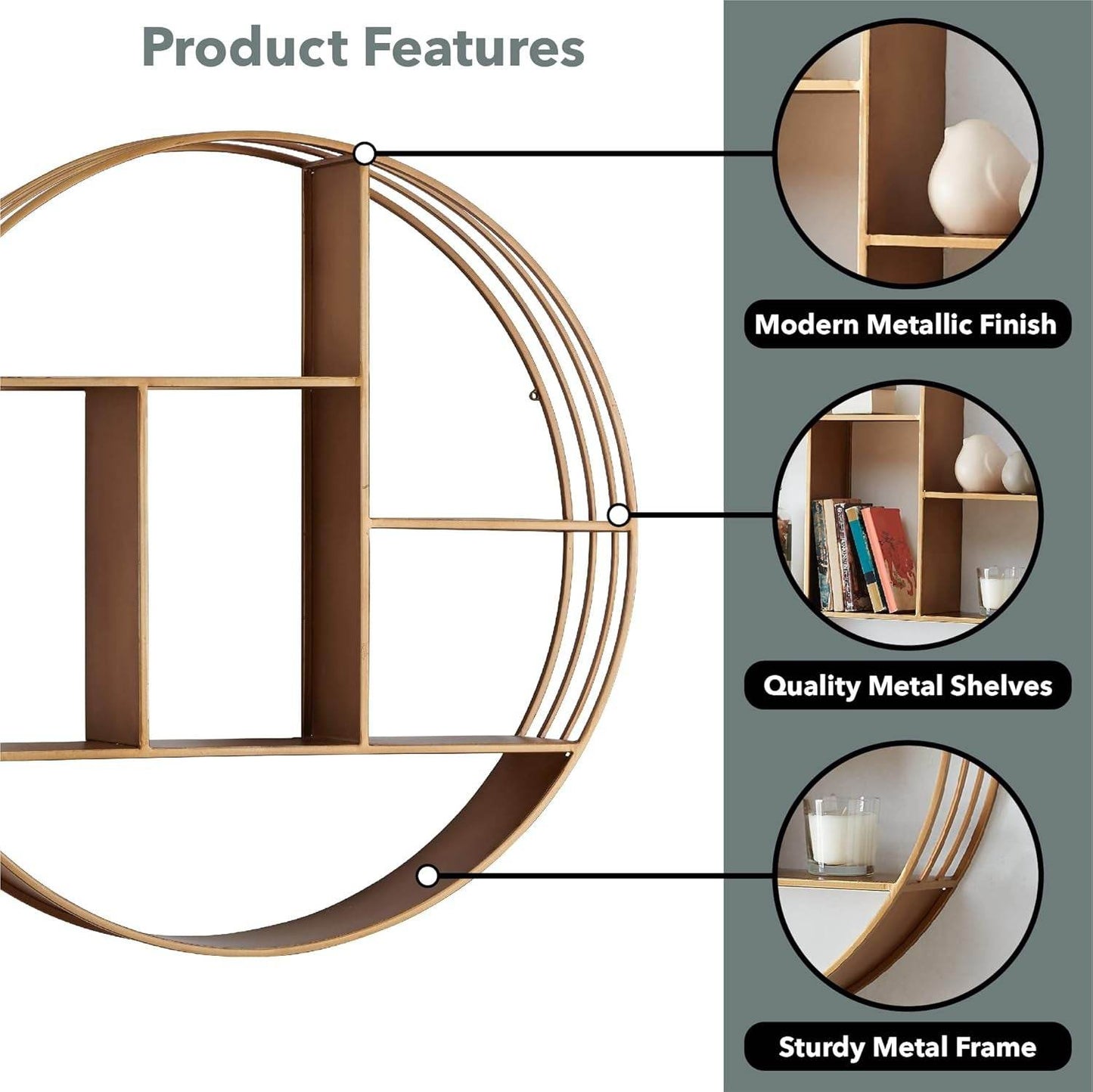 & Co. Gold Brooklyn Wall Shelf, round 3 Tier Wall Mounted Floating Shelf for Bathroom, Bedroom, Living Room Decor, Metal, Industrial, 27.5 Inches - Salma Design Studio 