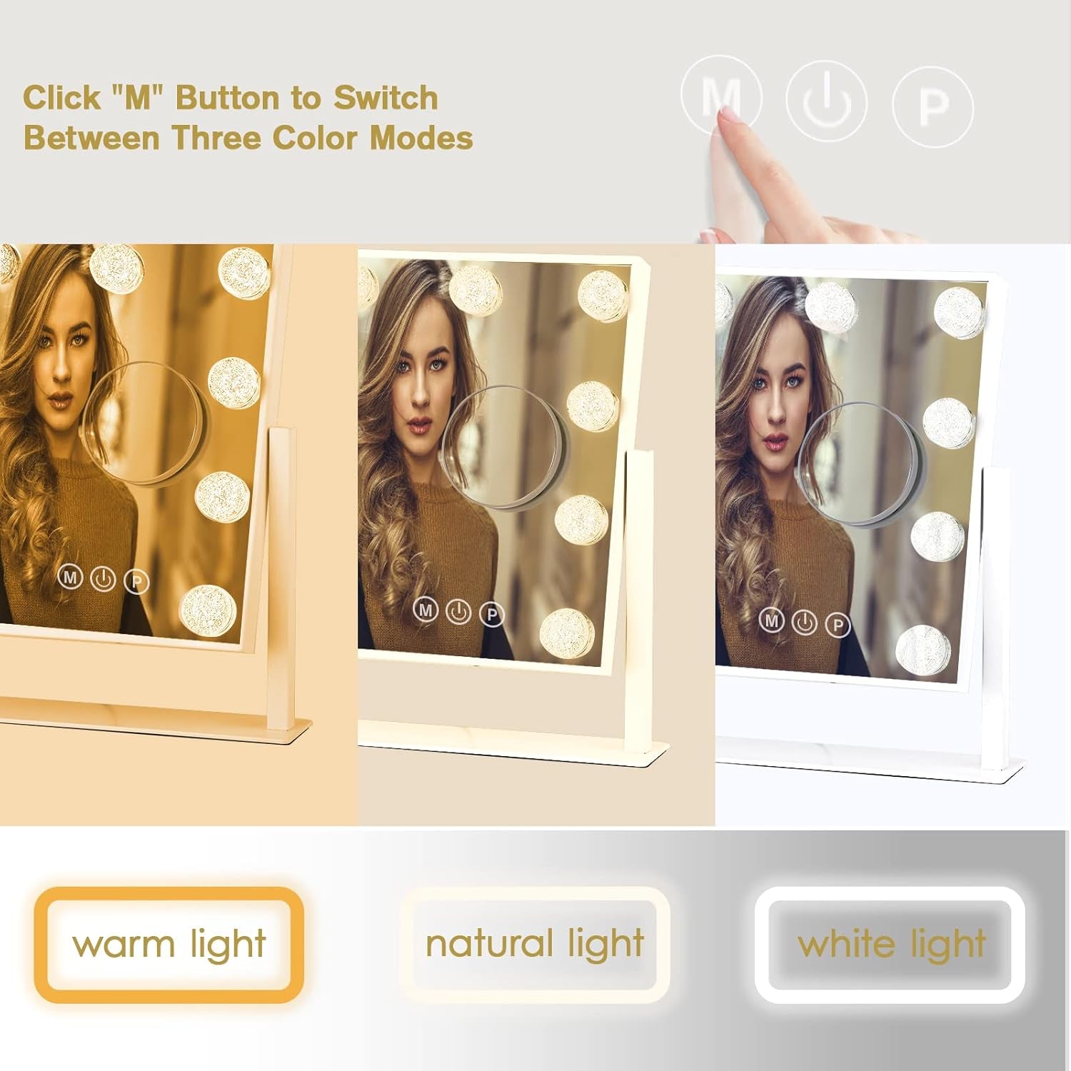 Vanity Mirror with Lights, Hollywood Lighted Makeup Mirror with 3 Color Modes and 9 Dimmable Diamond LED Light Bulbs, Detachable 10X Magnification, 360° Rotation, Touch Control, White