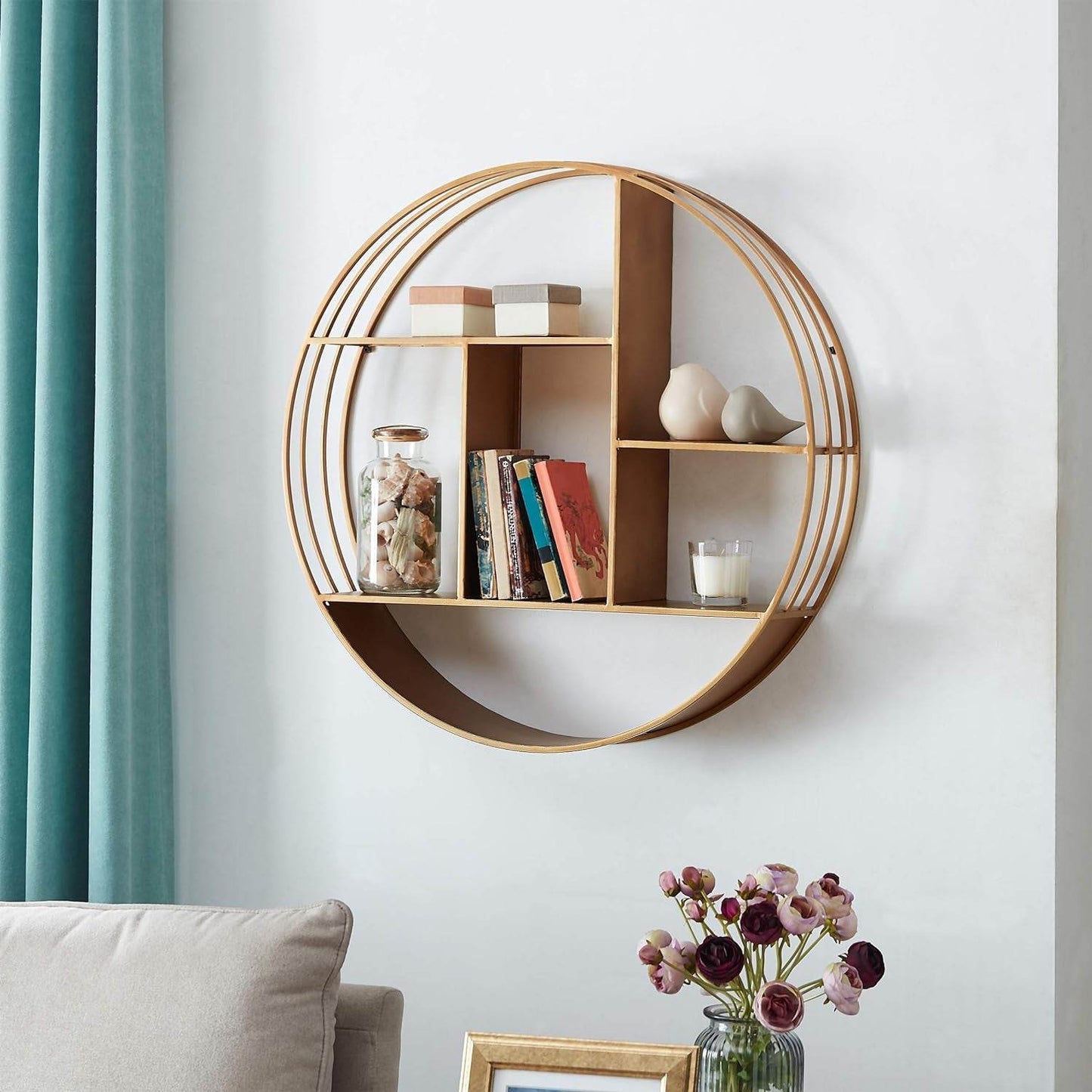 & Co. Gold Brooklyn Wall Shelf, round 3 Tier Wall Mounted Floating Shelf for Bathroom, Bedroom, Living Room Decor, Metal, Industrial, 27.5 Inches - Salma Design Studio 
