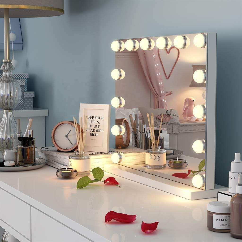 Vanity Mirror with Lights, Hollywood Mirror with Lights, 14 Adjustable LED Bulbs 3 Color Lighting, Touch Screen, USB Charge Port