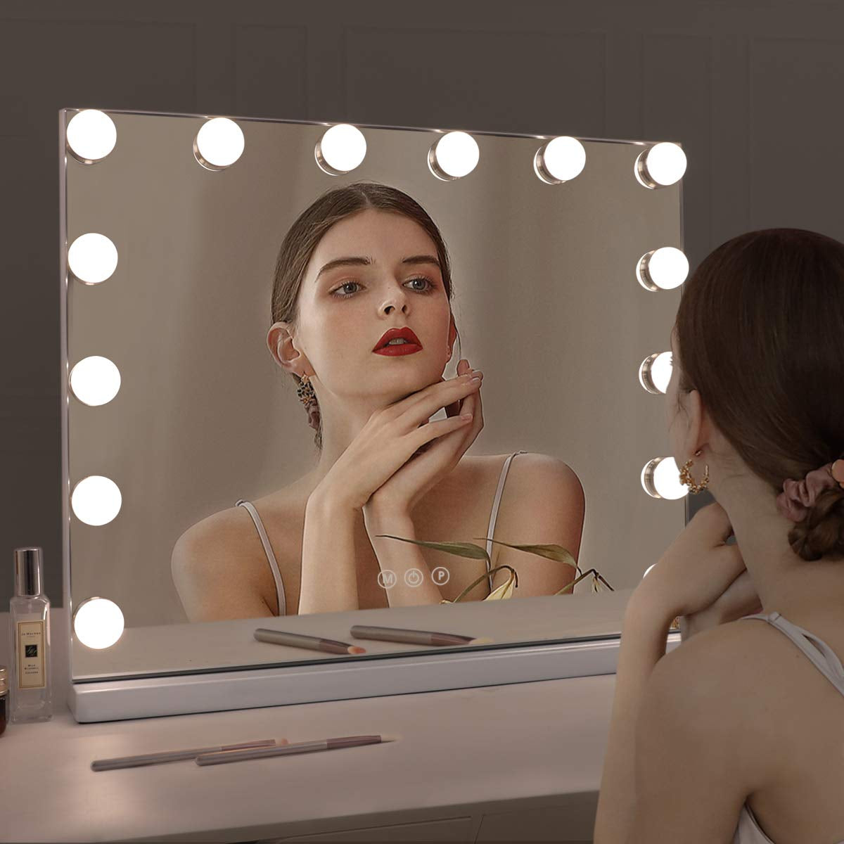 Vanity Mirror with Lights, Hollywood Mirror with Lights, 14 Adjustable LED Bulbs 3 Color Lighting, Touch Screen, USB Charge Port