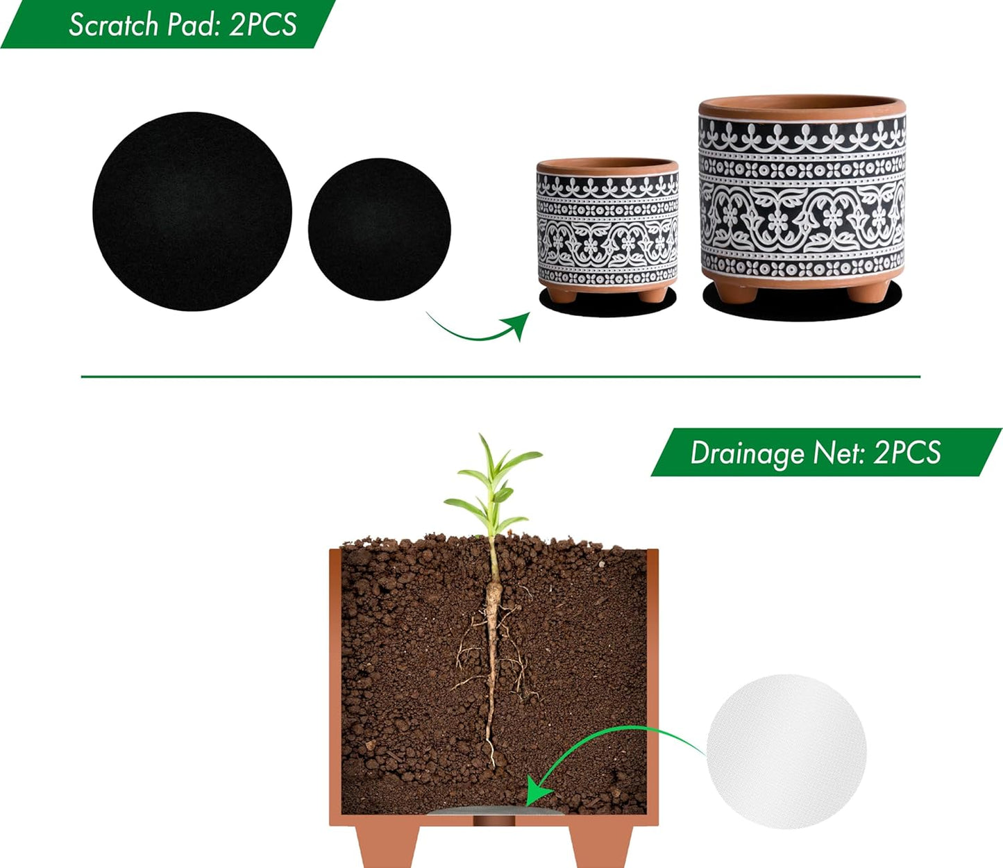 Set of 2 Terracotta Planter Pots, 4 Inch & 6 Inch, Design Plants Pot with Drainage Hole, Midnight Lace, Terracotta/Black, 31-953-F-2