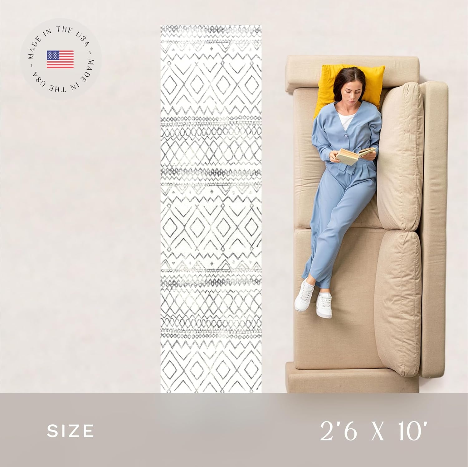 Abstract Diamond Modern Distressed Non Slip Runner Rug for Hallway Entry Way Floor Carpet [Made in USA], 2'6 X 10, Neutral