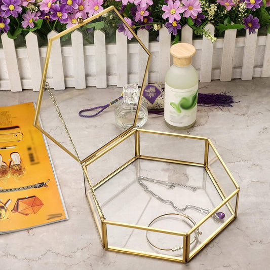Glass Vintage Jewelry Box - Golden Geometric Jewelry Display Organizer Keepsake Box Case Home Decorative Box for Storage Trinket Ring Earring Chest (X-Large)